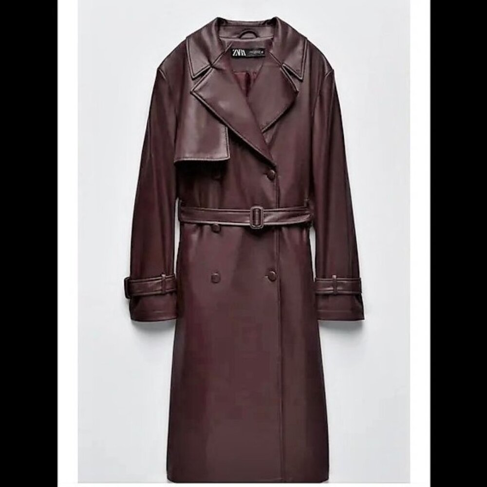 NWT ZARA Burgundy/Maroon Vegan Leather Trench Coat, Sz L